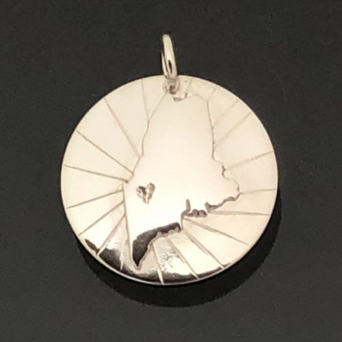 Maine Sillohuette Pendant on Sterling Silver Disc with Heart Detail